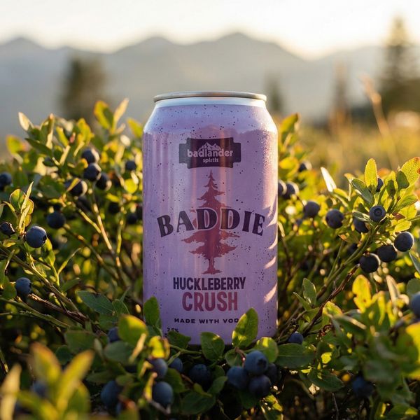 Can of Badlander Huckleberry Crush resting in a huckleberry bush.