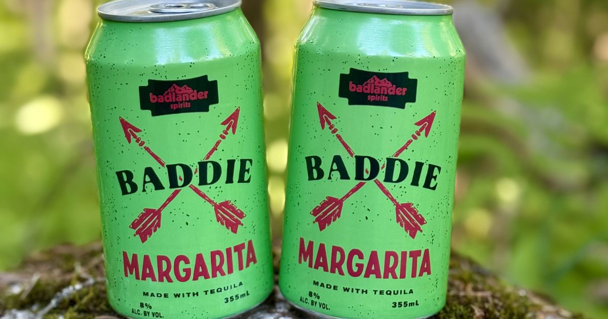 A close up of Montana made Margarita canned cocktails in a backyard Montana hangout