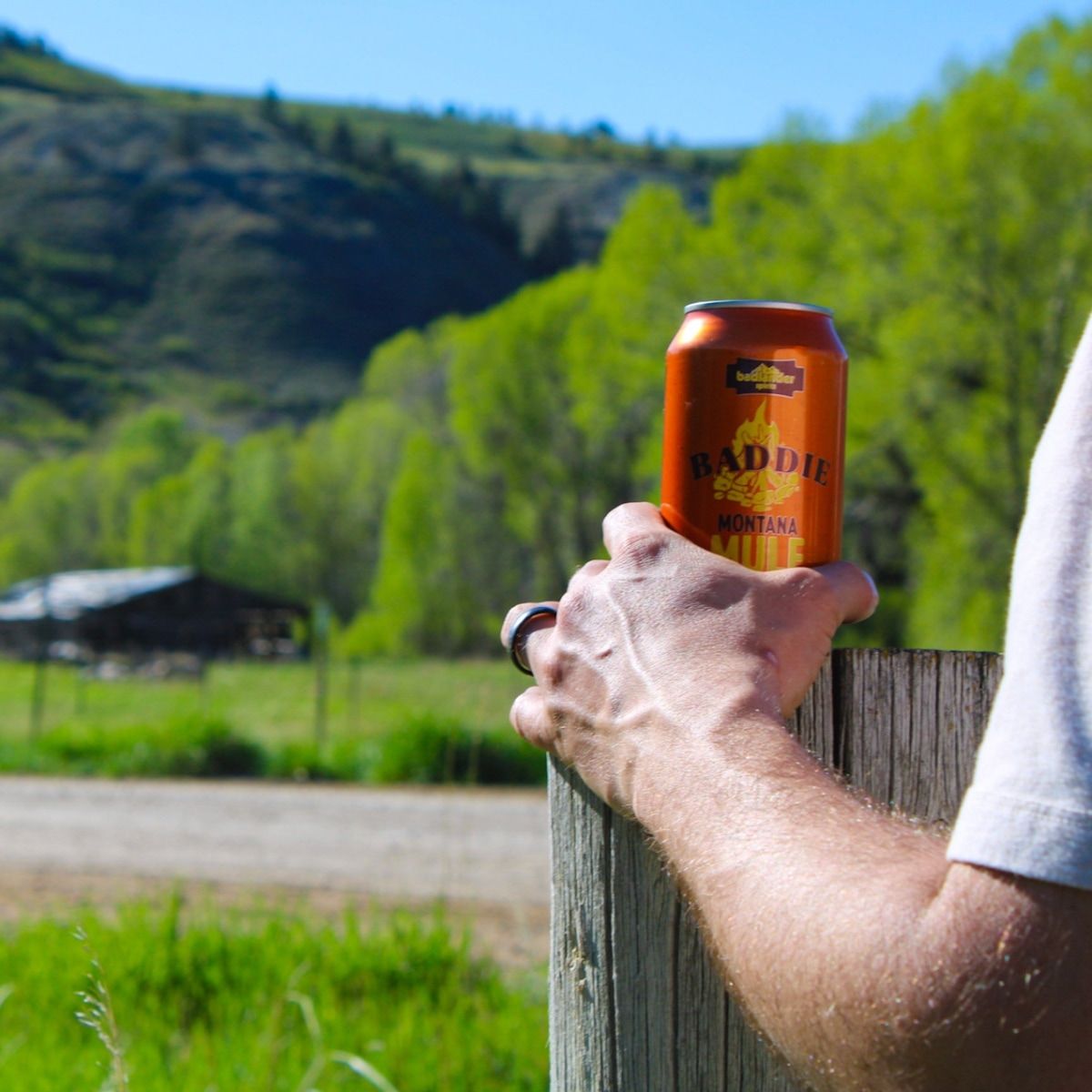 A can of Badlander Montana Mule resting on a fence in a man's hand.